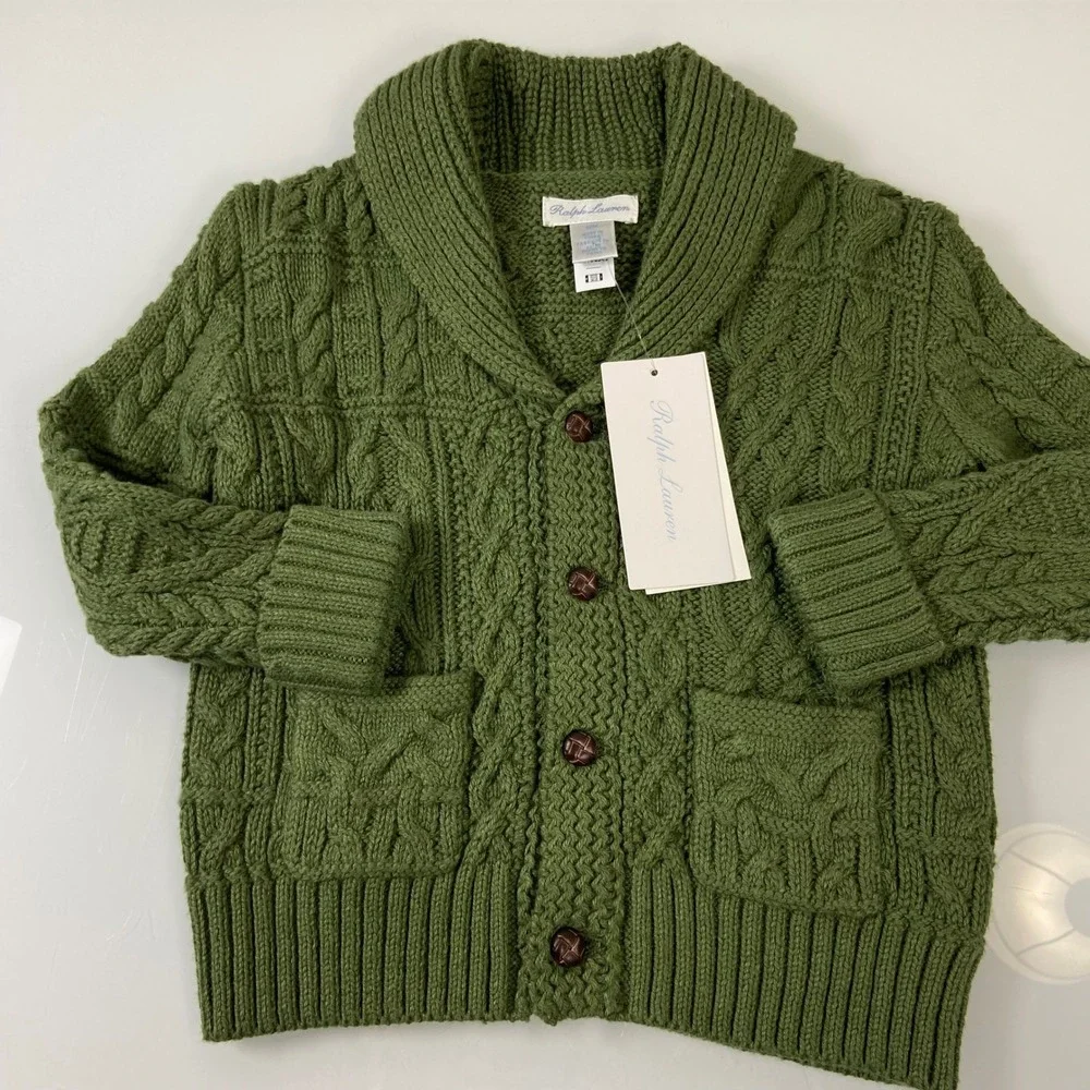 Ralph Lauren Baby Boy 18M Green Aran Cable Knit‎ Shawl Collar Cardigan Sweater
